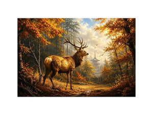 Luxury autumn deer wall art featuring majestic stag in golden woodland forest with warm cinematic landscape painting style