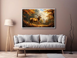 Luxury autumn deer wall art featuring majestic stag in golden woodland forest with warm cinematic landscape painting style