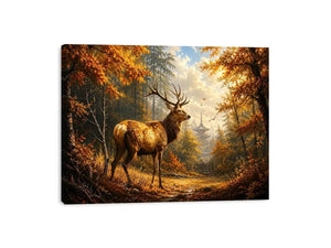 Luxury autumn deer wall art featuring majestic stag in golden woodland forest with warm cinematic landscape painting style