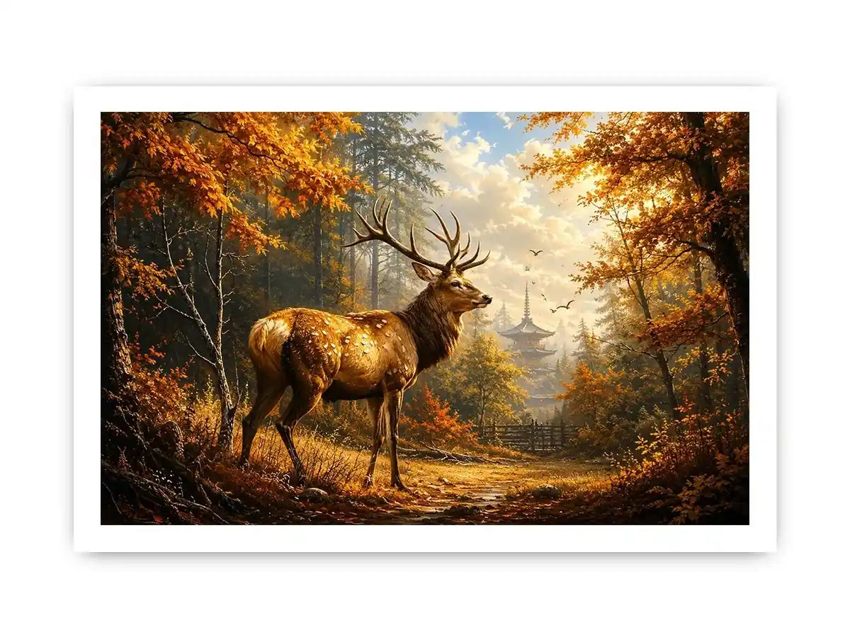 Luxury autumn deer wall art featuring majestic stag in golden woodland forest with warm cinematic landscape painting style