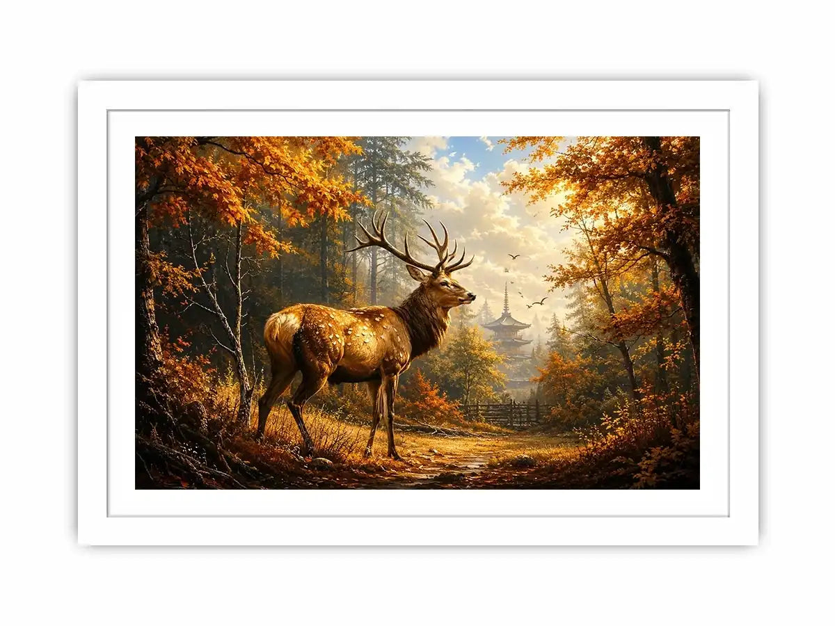 Luxury autumn deer wall art featuring majestic stag in golden woodland forest with warm cinematic landscape painting style