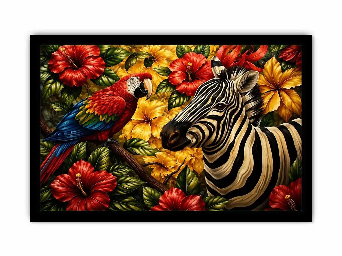 Tropical zebra wall art featuring colorful parrot exotic flowers and bold jungle wildlife in vibrant contemporary illustration style