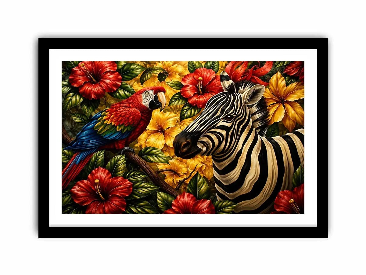 Tropical zebra wall art featuring colorful parrot exotic flowers and bold jungle wildlife in vibrant contemporary illustration style
