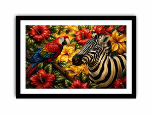 Tropical zebra wall art featuring colorful parrot exotic flowers and bold jungle wildlife in vibrant contemporary illustration style