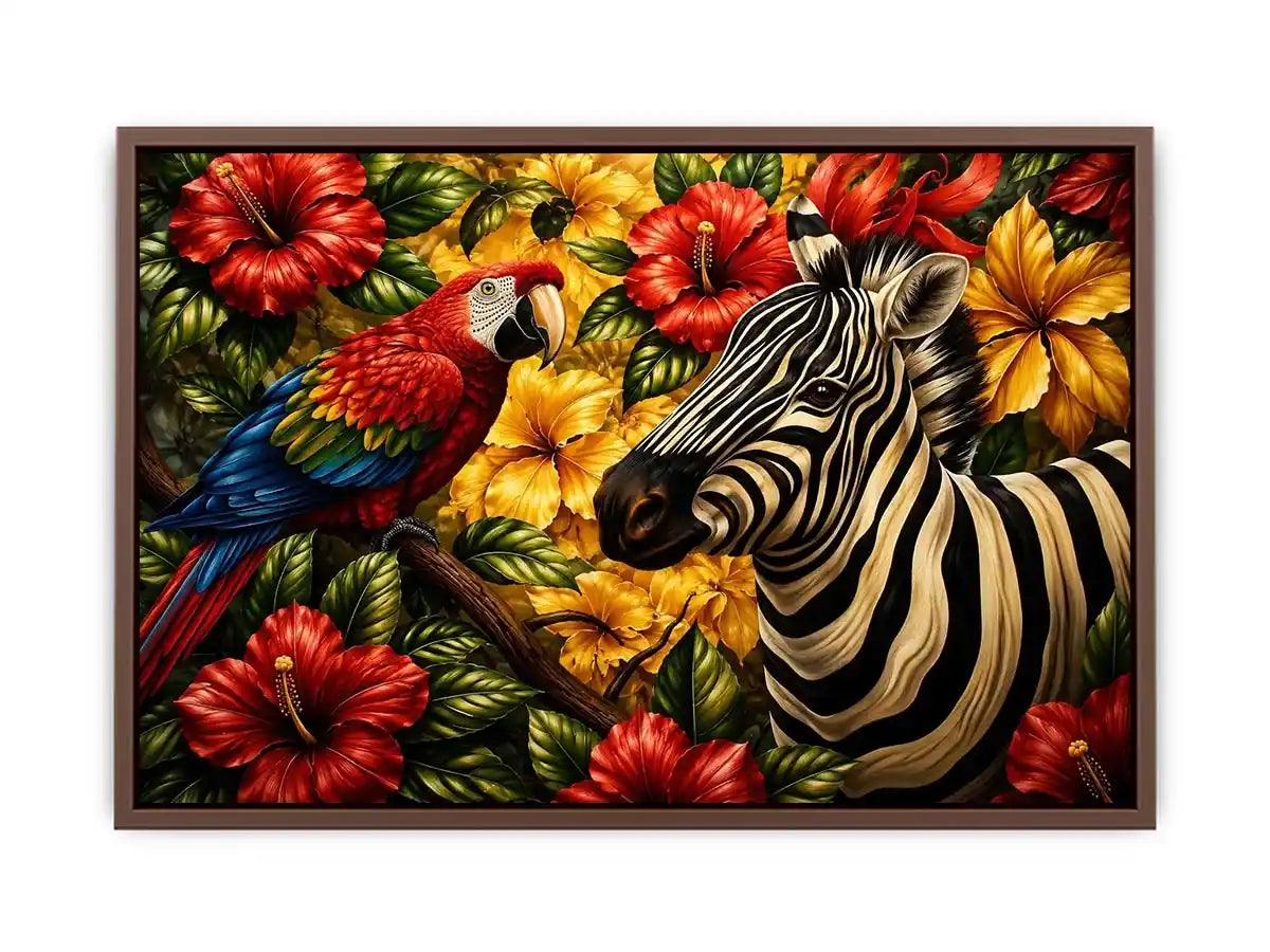 Tropical zebra wall art featuring colorful parrot exotic flowers and bold jungle wildlife in vibrant contemporary illustration style