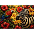 Tropical zebra wall art featuring colorful parrot exotic flowers and bold jungle wildlife in vibrant contemporary illustration style