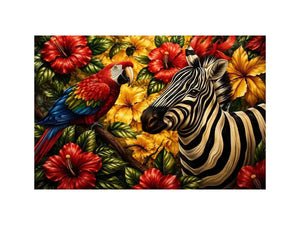 Tropical zebra wall art featuring colorful parrot exotic flowers and bold jungle wildlife in vibrant contemporary illustration style