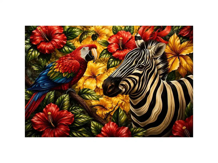 Tropical zebra wall art featuring colorful parrot exotic flowers and bold jungle wildlife in vibrant contemporary illustration style