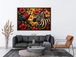 Tropical zebra wall art featuring colorful parrot exotic flowers and bold jungle wildlife in vibrant contemporary illustration style