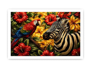 Tropical zebra wall art featuring colorful parrot exotic flowers and bold jungle wildlife in vibrant contemporary illustration style