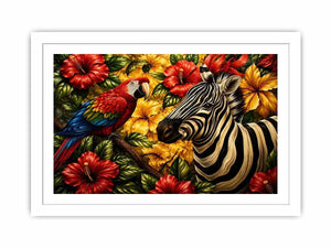 Tropical zebra wall art featuring colorful parrot exotic flowers and bold jungle wildlife in vibrant contemporary illustration style