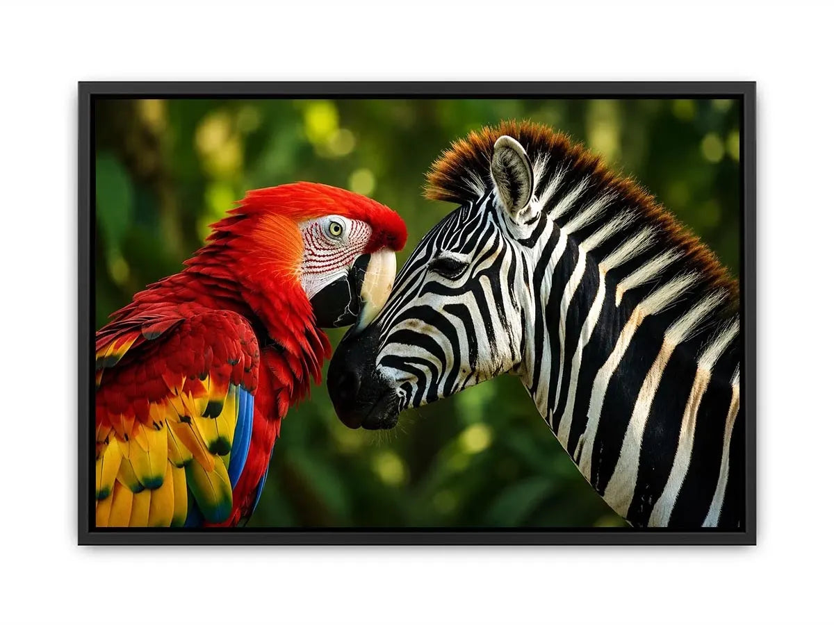 Exotic zebra and parrot wall art featuring vibrant tropical bird and striking black white zebra portrait in modern wildlife style