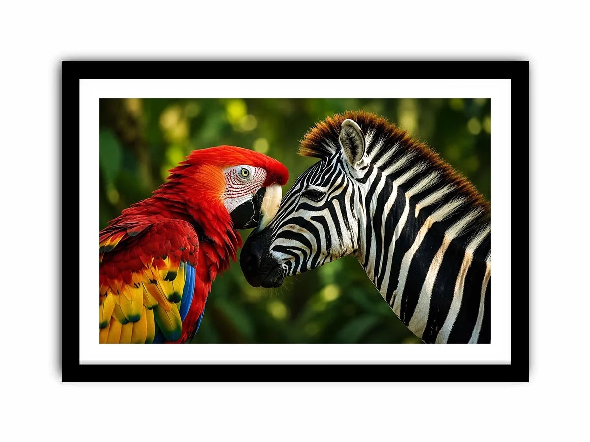 Exotic zebra and parrot wall art featuring vibrant tropical bird and striking black white zebra portrait in modern wildlife style