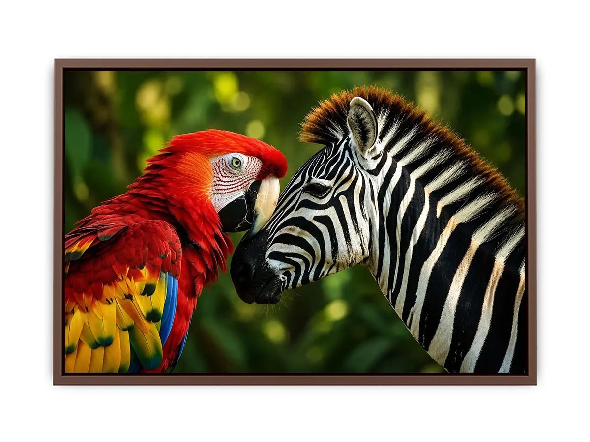 Exotic zebra and parrot wall art featuring vibrant tropical bird and striking black white zebra portrait in modern wildlife style