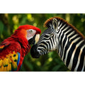 Exotic zebra and parrot wall art featuring vibrant tropical bird and striking black white zebra portrait in modern wildlife style