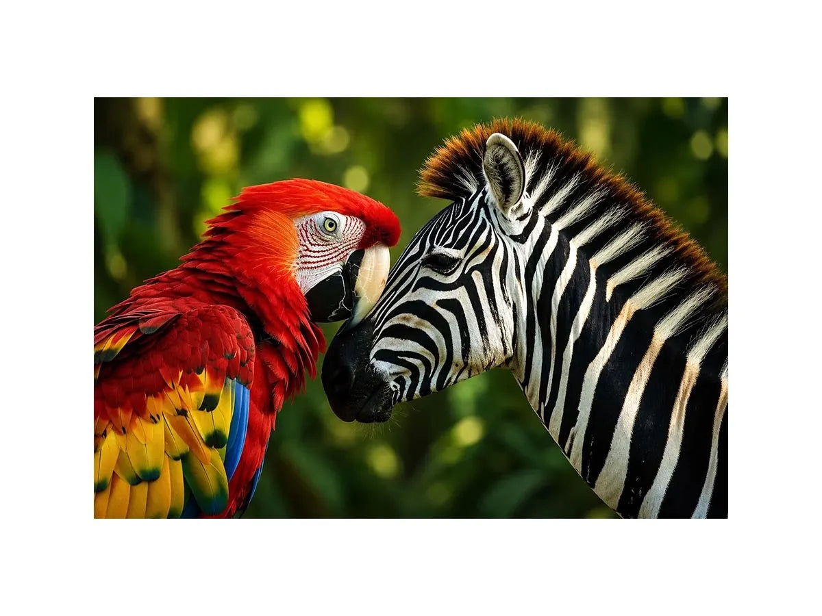 Exotic zebra and parrot wall art featuring vibrant tropical bird and striking black white zebra portrait in modern wildlife style