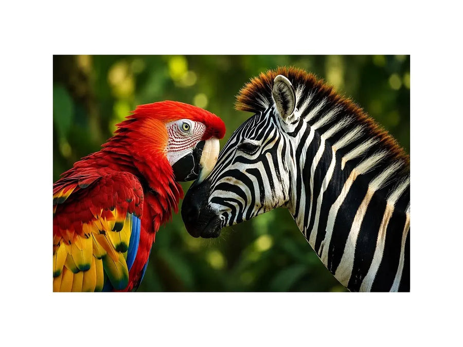 Exotic zebra and parrot wall art featuring vibrant tropical bird and striking black white zebra portrait in modern wildlife style