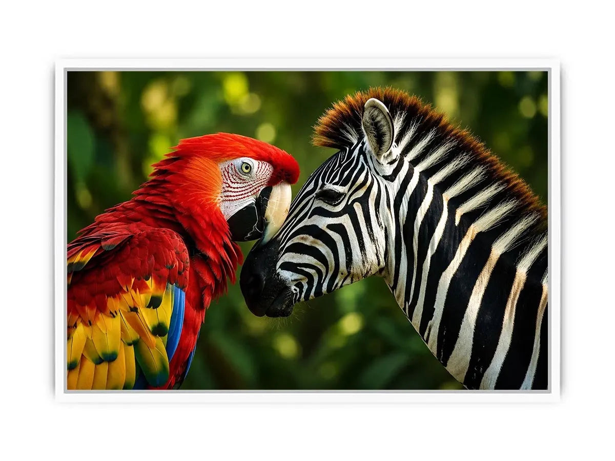 Exotic zebra and parrot wall art featuring vibrant tropical bird and striking black white zebra portrait in modern wildlife style