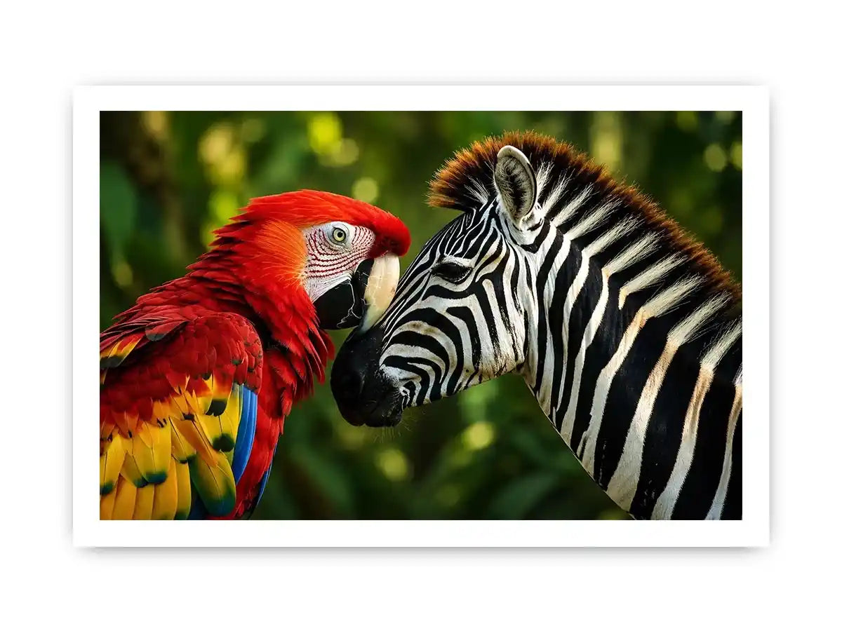 Exotic zebra and parrot wall art featuring vibrant tropical bird and striking black white zebra portrait in modern wildlife style