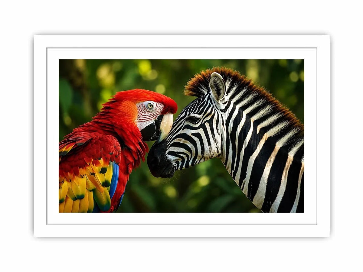 Exotic zebra and parrot wall art featuring vibrant tropical bird and striking black white zebra portrait in modern wildlife style
