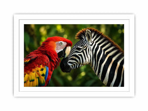 Exotic zebra and parrot wall art featuring vibrant tropical bird and striking black white zebra portrait in modern wildlife style
