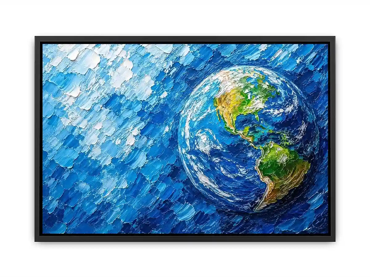 Modern abstract Earth wall art featuring vibrant blue cosmic textures and colorful planet design in contemporary space painting style