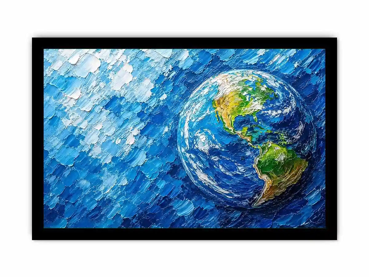 Modern abstract Earth wall art featuring vibrant blue cosmic textures and colorful planet design in contemporary space painting style