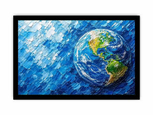 Modern abstract Earth wall art featuring vibrant blue cosmic textures and colorful planet design in contemporary space painting style