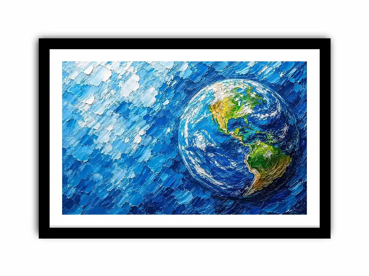 Modern abstract Earth wall art featuring vibrant blue cosmic textures and colorful planet design in contemporary space painting style