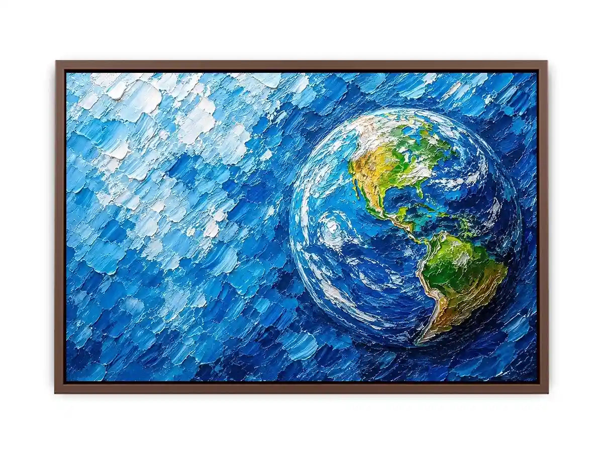 Modern abstract Earth wall art featuring vibrant blue cosmic textures and colorful planet design in contemporary space painting style