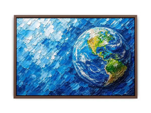 Modern abstract Earth wall art featuring vibrant blue cosmic textures and colorful planet design in contemporary space painting style