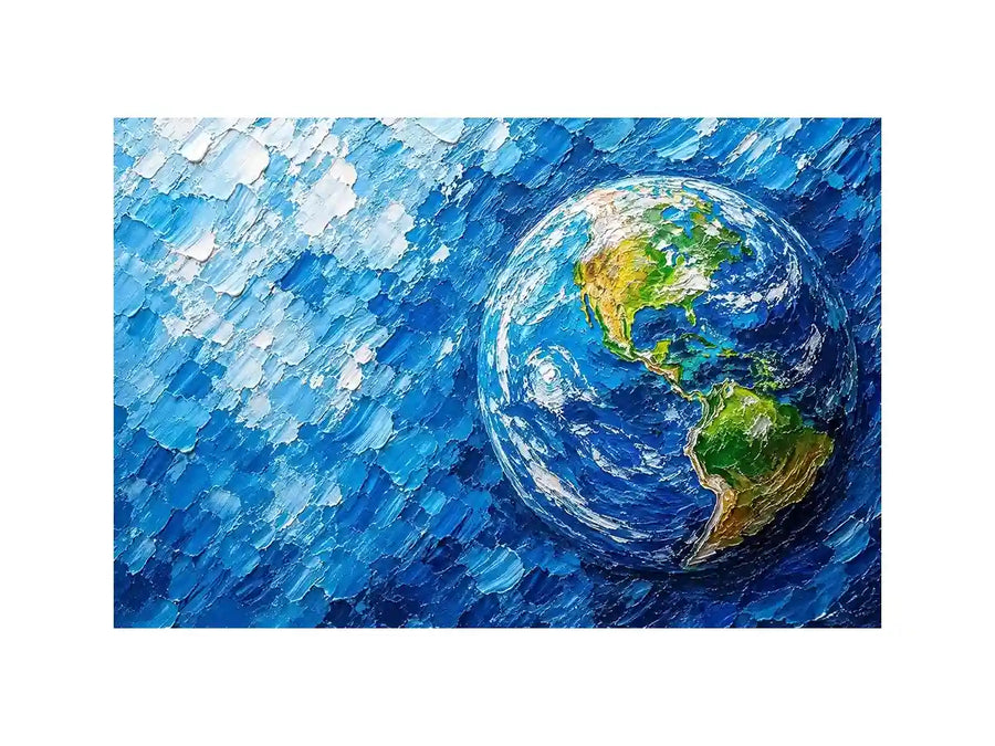 Modern abstract Earth wall art featuring vibrant blue cosmic textures and colorful planet design in contemporary space painting style