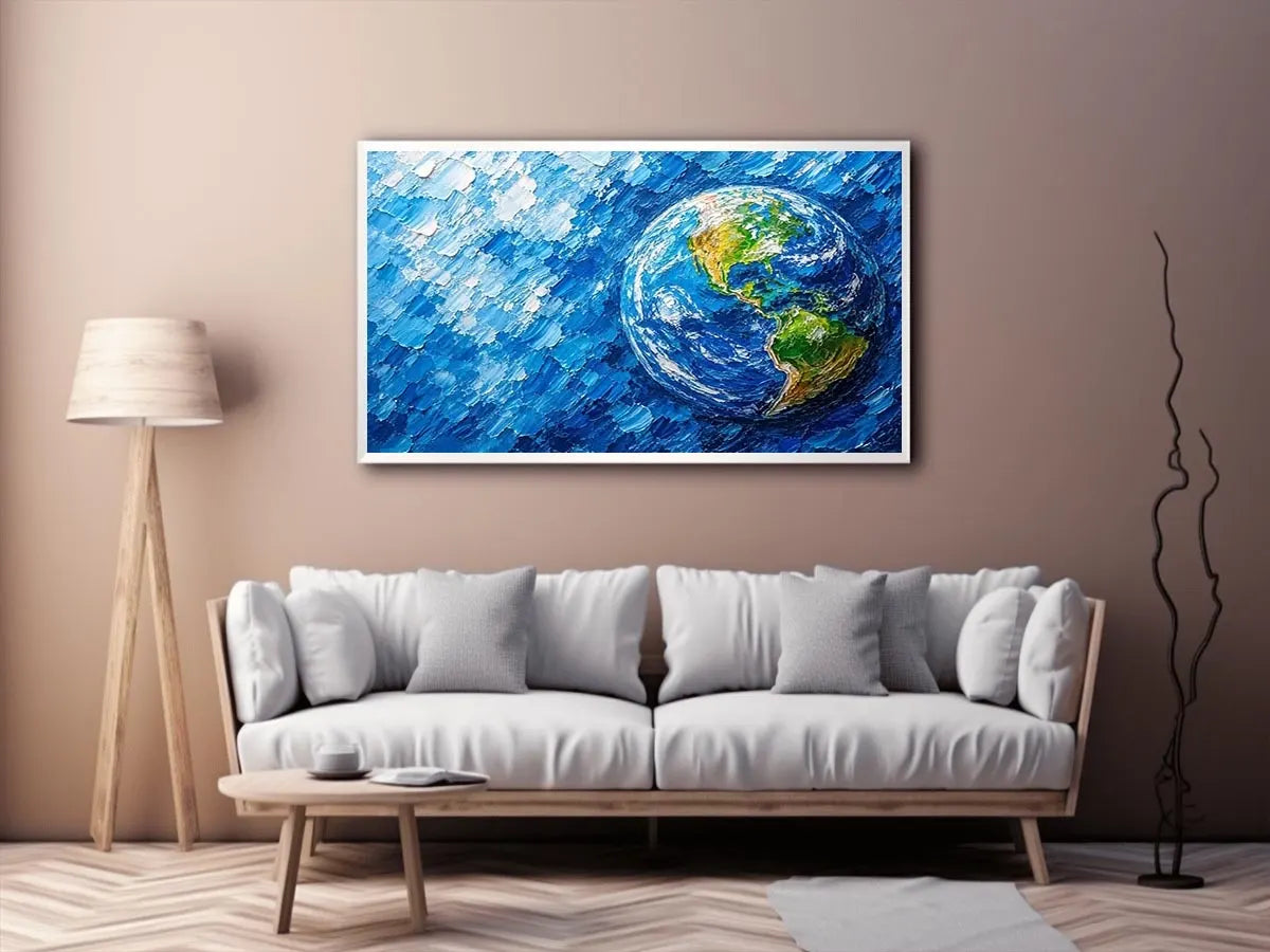 Modern abstract Earth wall art featuring vibrant blue cosmic textures and colorful planet design in contemporary space painting style