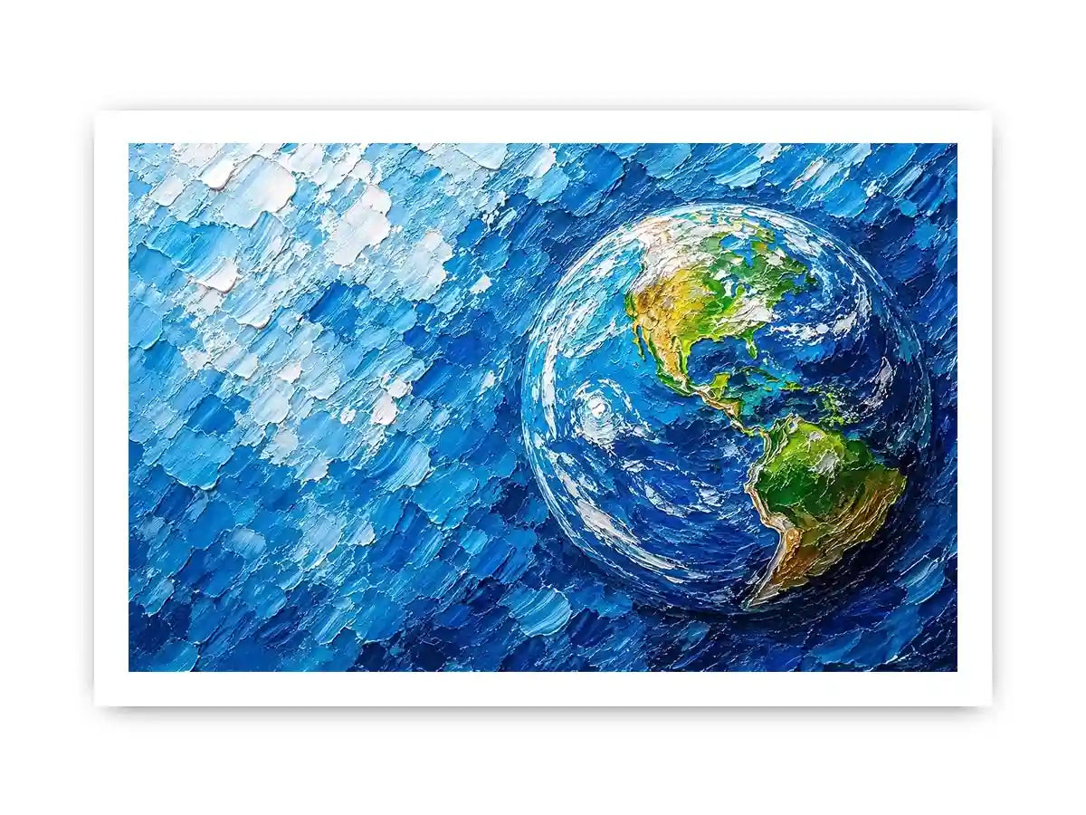 Modern abstract Earth wall art featuring vibrant blue cosmic textures and colorful planet design in contemporary space painting style