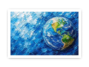 Modern abstract Earth wall art featuring vibrant blue cosmic textures and colorful planet design in contemporary space painting style