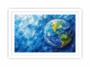 Modern abstract Earth wall art featuring vibrant blue cosmic textures and colorful planet design in contemporary space painting style