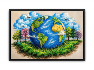 Colorful Earth Day wall art featuring illustrated globe nature trees and eco friendly environmental design in artistic sketch style
