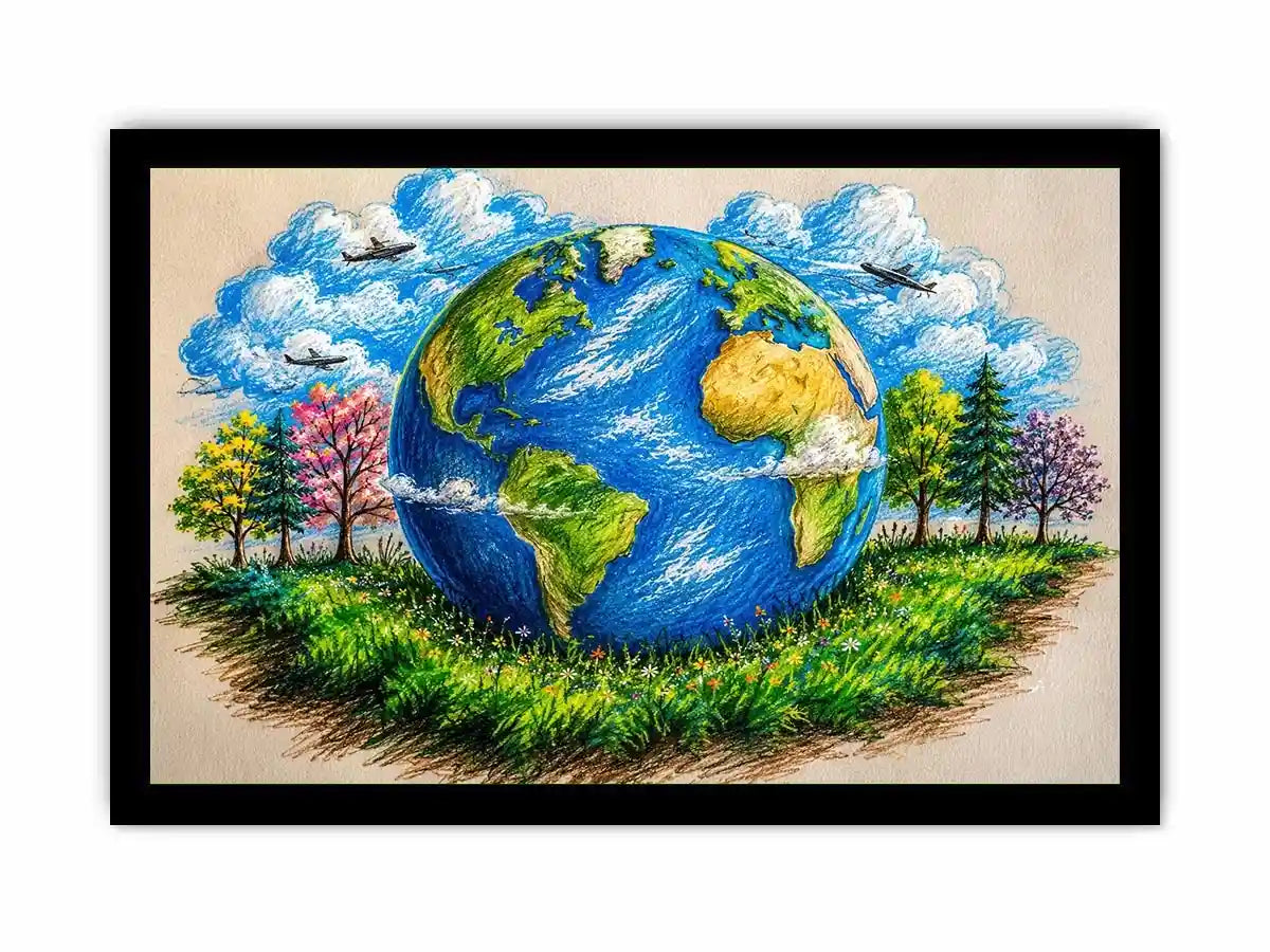Colorful Earth Day wall art featuring illustrated globe nature trees and eco friendly environmental design in artistic sketch style