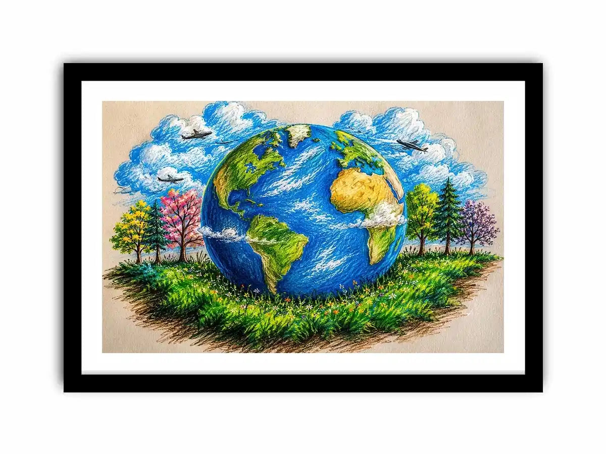Colorful Earth Day wall art featuring illustrated globe nature trees and eco friendly environmental design in artistic sketch style