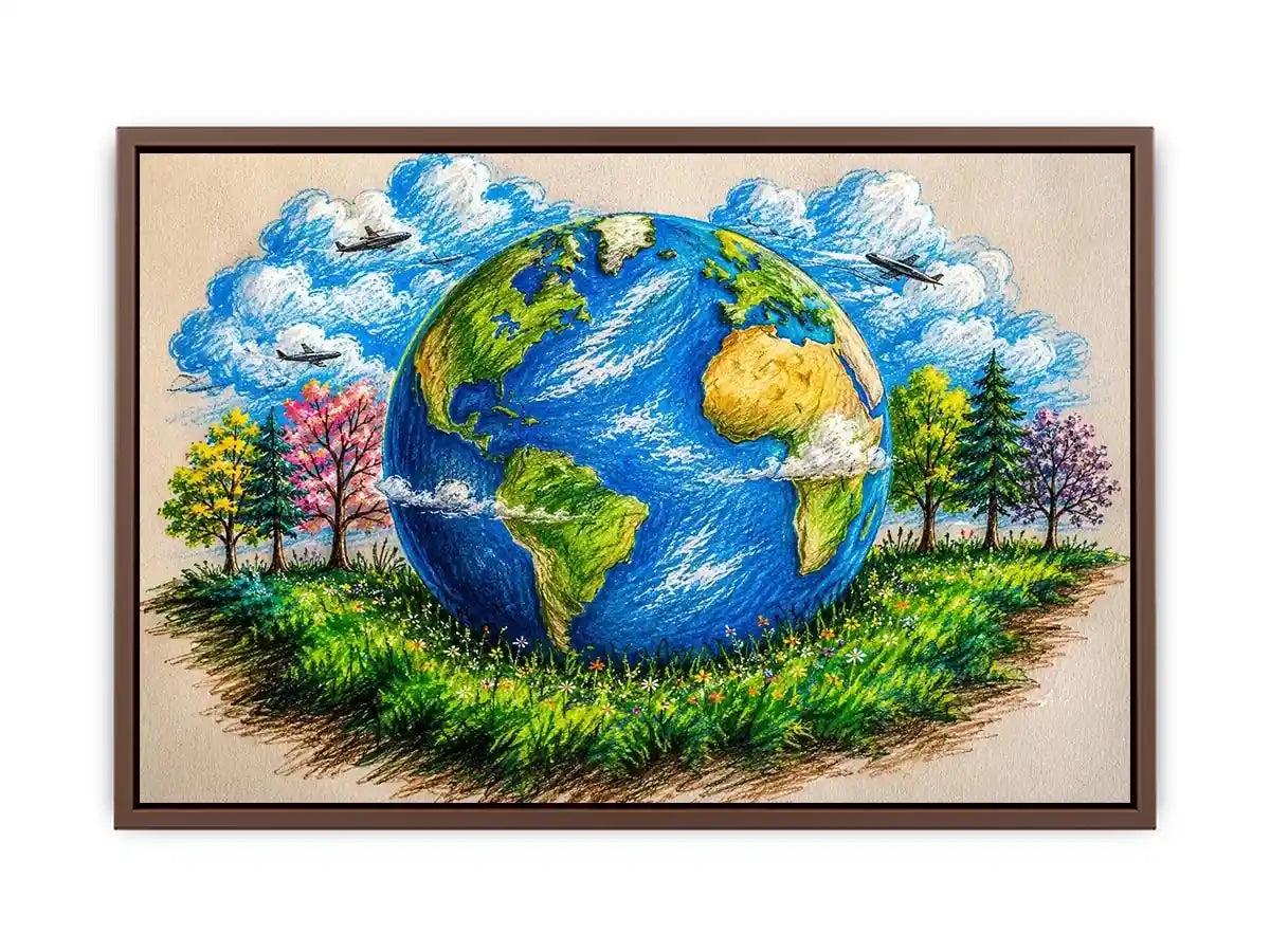 Colorful Earth Day wall art featuring illustrated globe nature trees and eco friendly environmental design in artistic sketch style