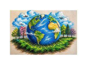 Colorful Earth Day wall art featuring illustrated globe nature trees and eco friendly environmental design in artistic sketch style