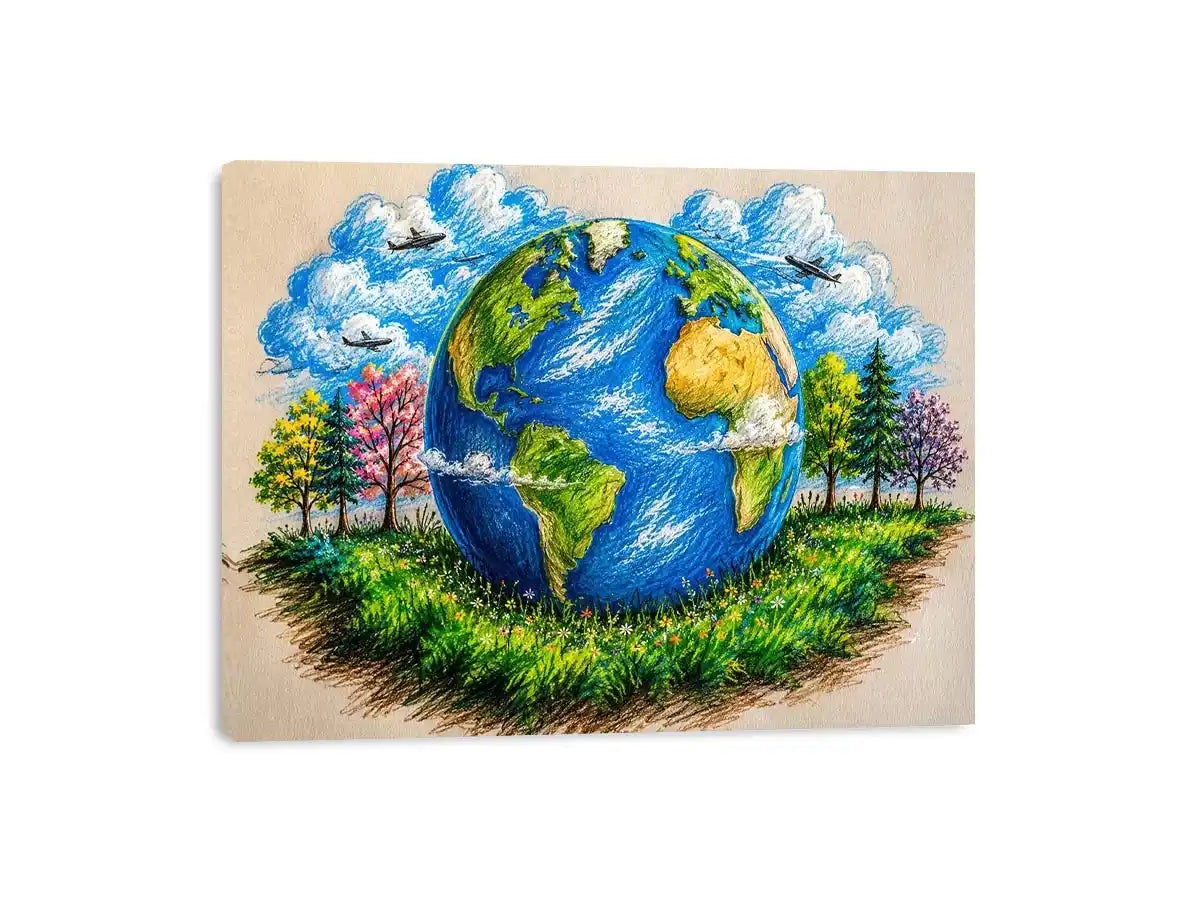 Colorful Earth Day wall art featuring illustrated globe nature trees and eco friendly environmental design in artistic sketch style