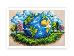 Colorful Earth Day wall art featuring illustrated globe nature trees and eco friendly environmental design in artistic sketch style