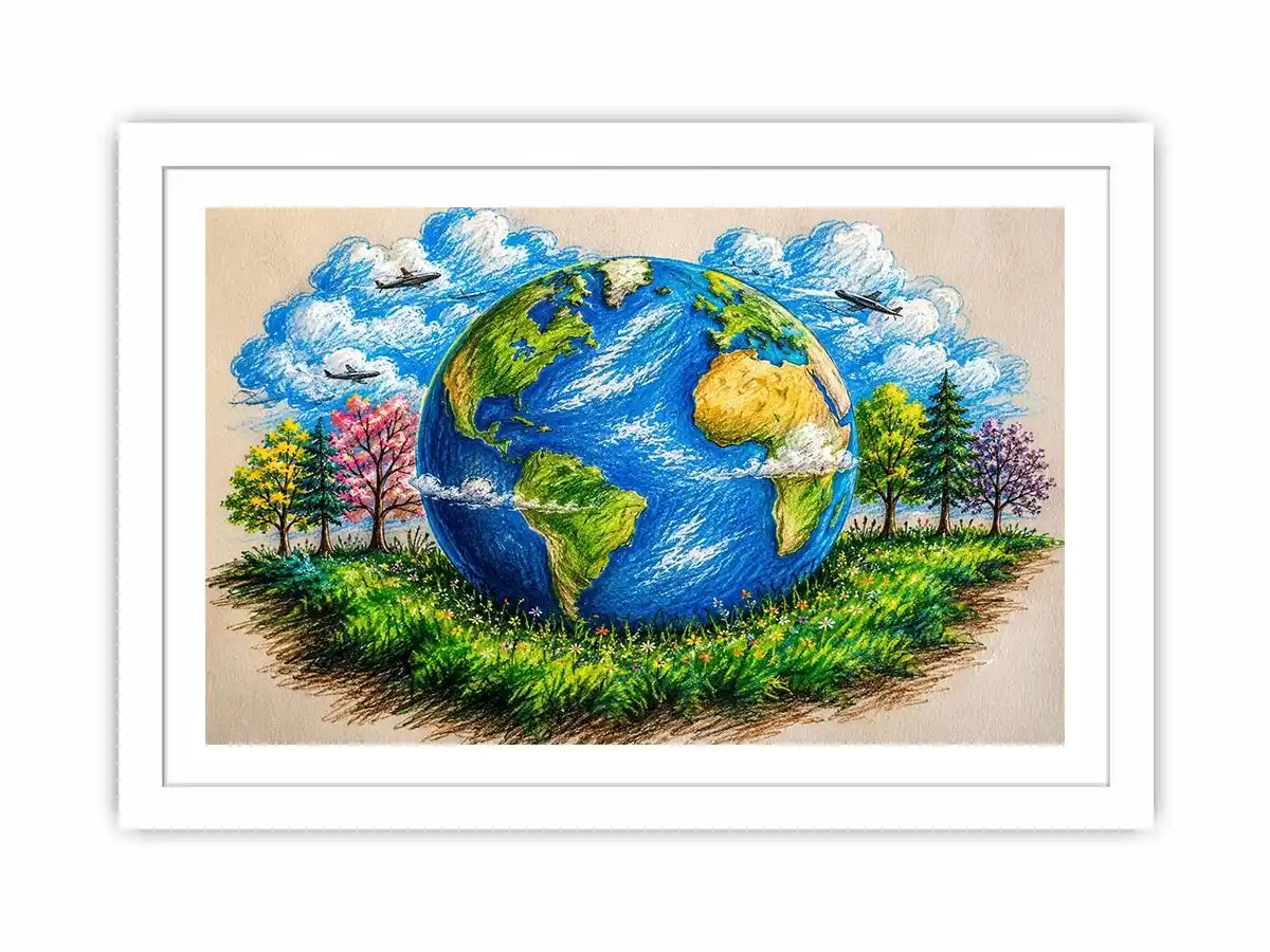 Colorful Earth Day wall art featuring illustrated globe nature trees and eco friendly environmental design in artistic sketch style