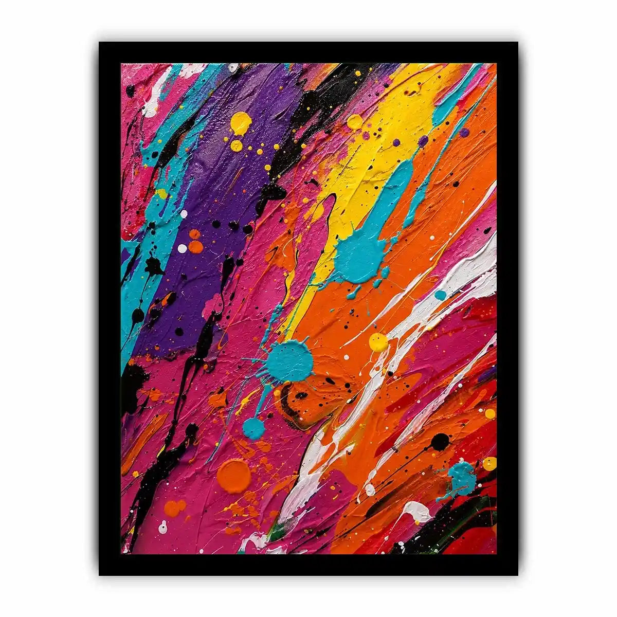 Vibrant colorful abstract wall art featuring expressive paint splashes and bold neon textures in contemporary modern style