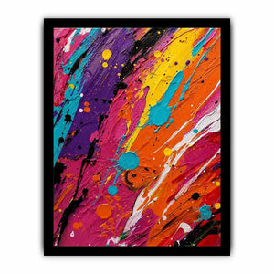 Vibrant colorful abstract wall art featuring expressive paint splashes and bold neon textures in contemporary modern style