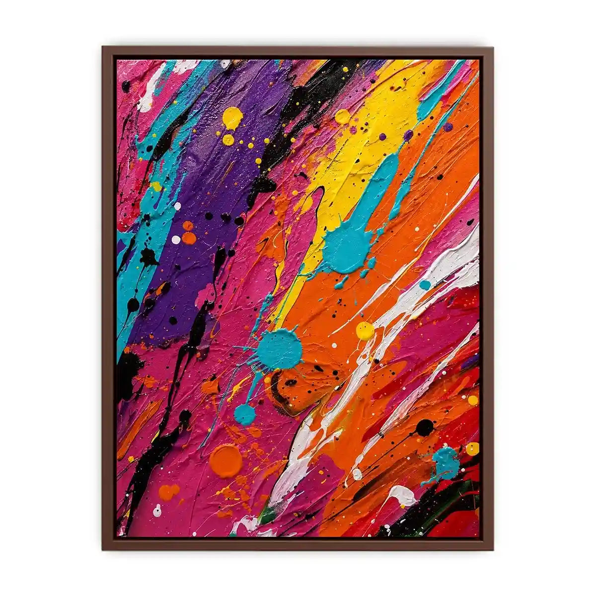 Vibrant colorful abstract wall art featuring expressive paint splashes and bold neon textures in contemporary modern style
