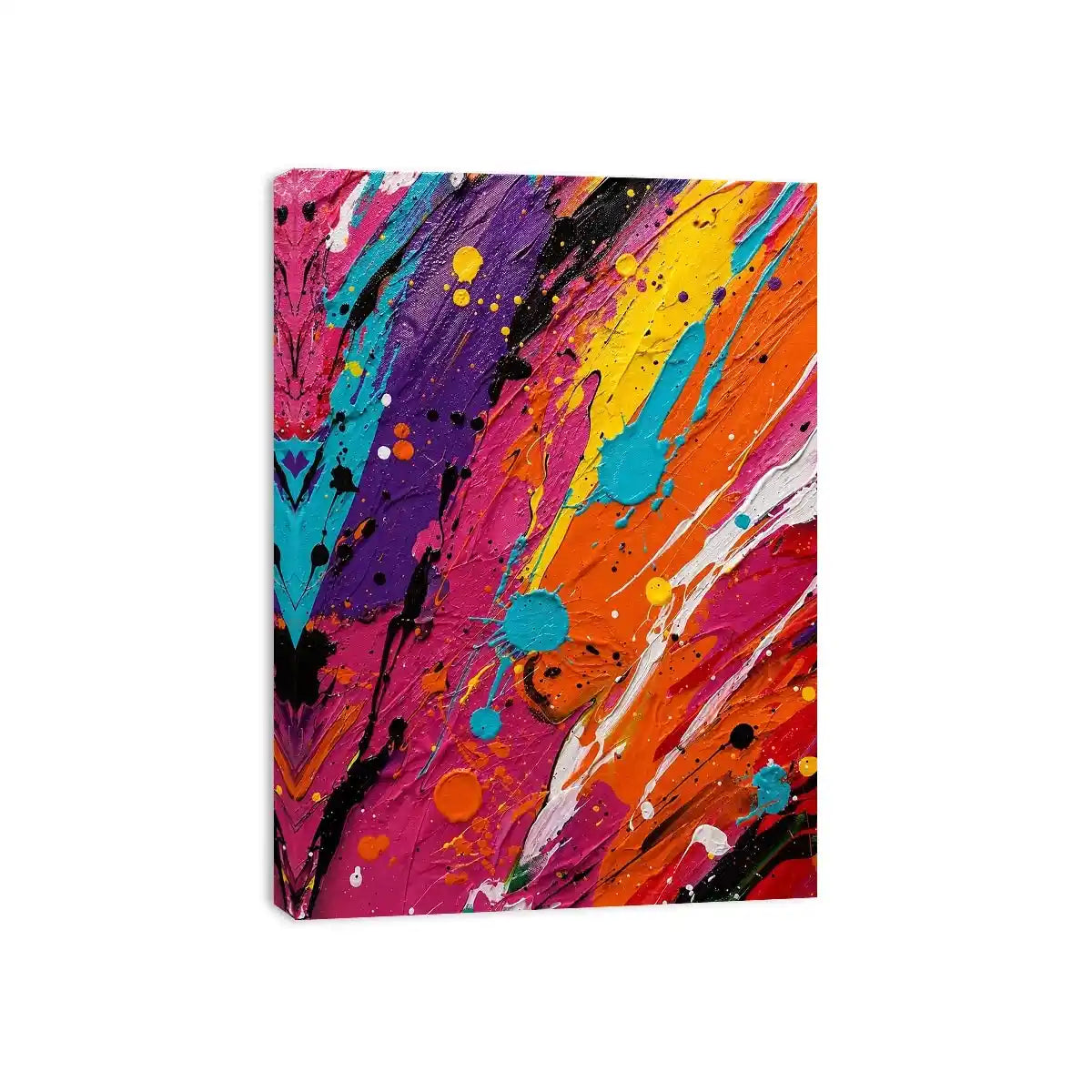 Vibrant colorful abstract wall art featuring expressive paint splashes and bold neon textures in contemporary modern style
