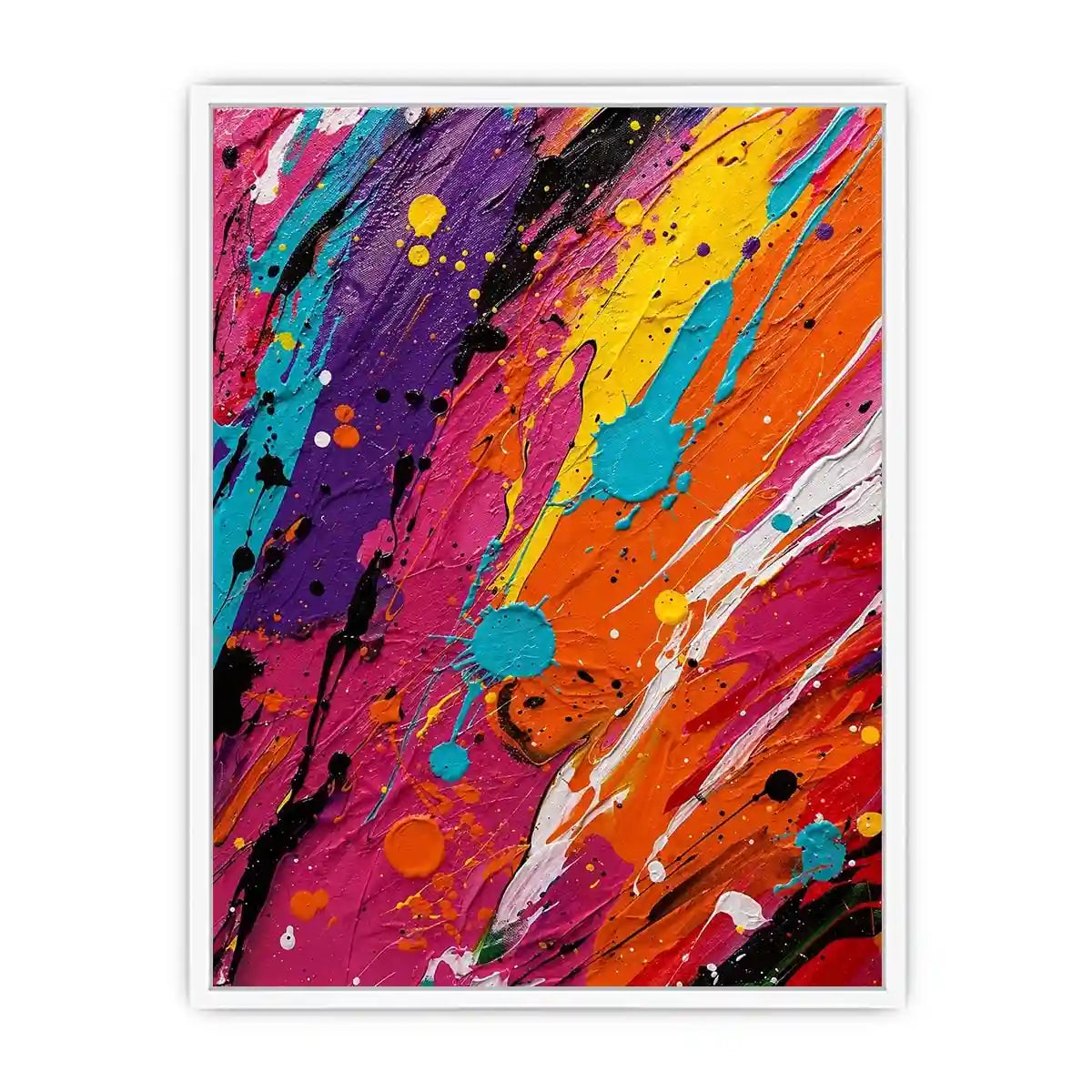 Vibrant colorful abstract wall art featuring expressive paint splashes and bold neon textures in contemporary modern style
