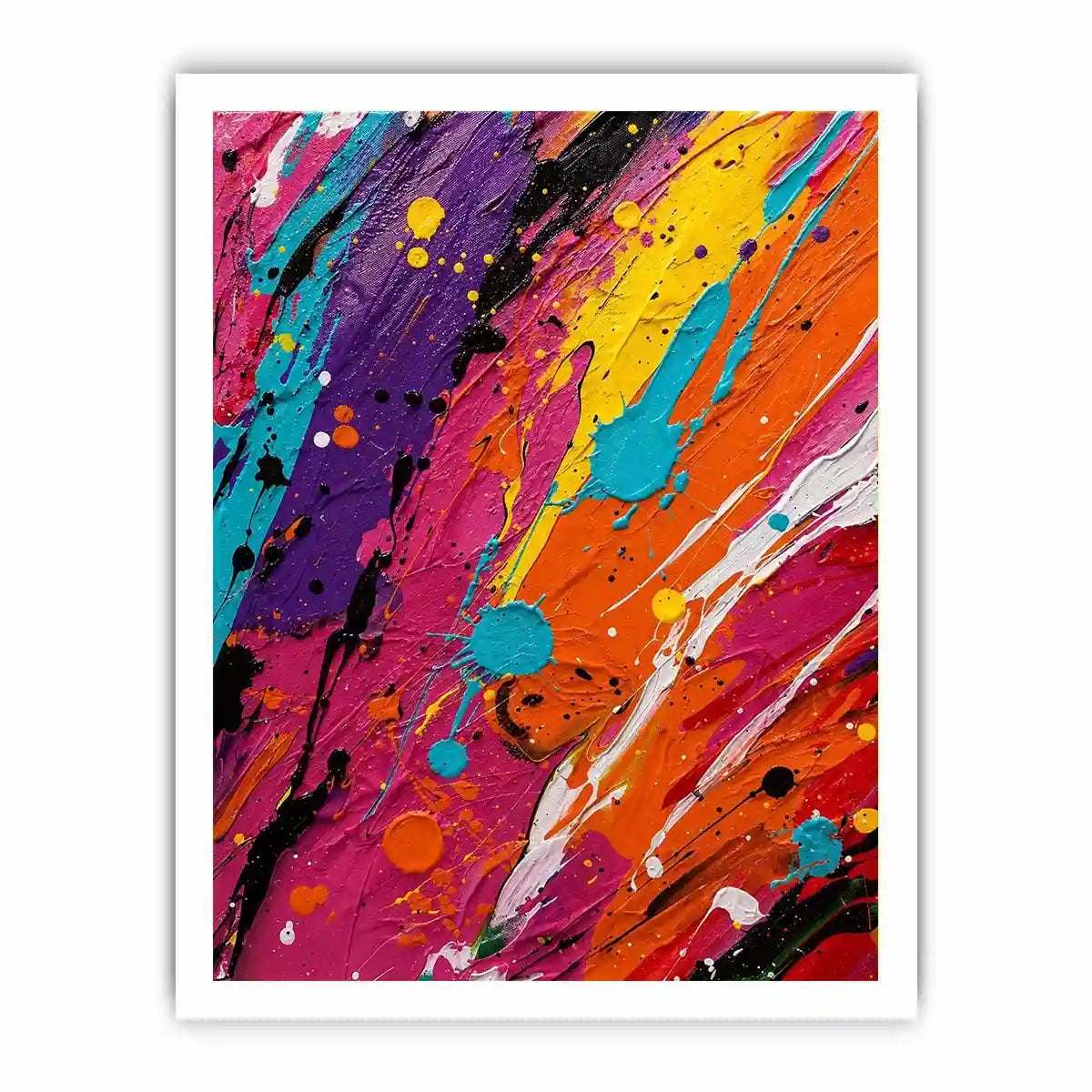 Vibrant colorful abstract wall art featuring expressive paint splashes and bold neon textures in contemporary modern style